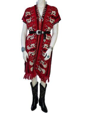 VINTAGE (60's-70's) Red/Black/Cream Deer Head Pattern Fringed Mexican Poncho O/S
